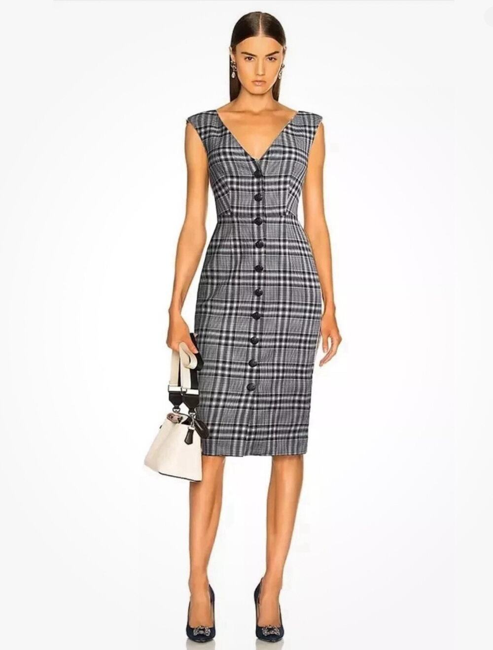 Veronica Beard Lark Plaid Button Front Midi Dress Black White Size 12 Heritage